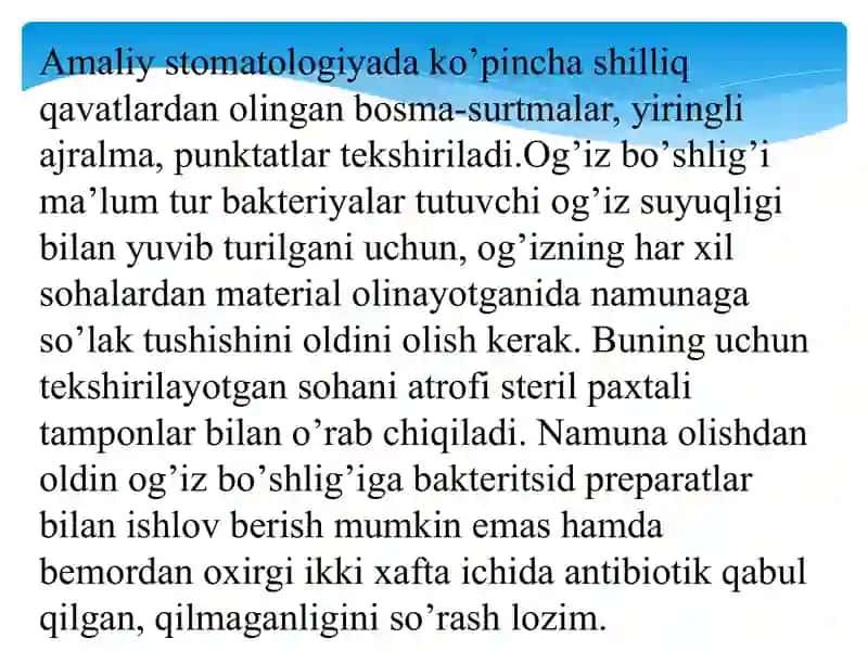Stomatologik kasalliklarda (tish karashidan,og’iz bo’shlig’idan,so’lak bezlaridan,milk suyuqligidan,kariyes bo’shlig’i va kanalidan,tish-milk cho’ntagidan) bakteriologik tekshiruvlar uchun material olish qoidalari. 2