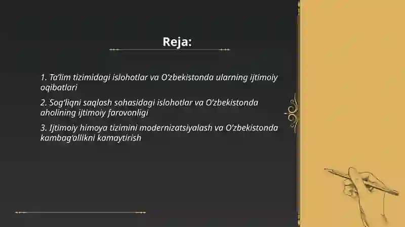 O'zbekistonda ijtimoiy sohada amalga oshirilayotgan o'zgarishlar mazmun va mohiyati 2