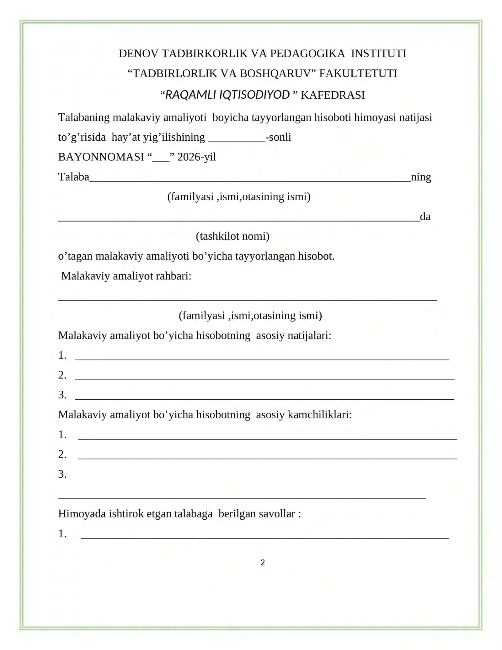 Xorazm viloyati hududiy boshqarmasining tashkiliy tuzilmasi AMALYOT HISOBOTI 2