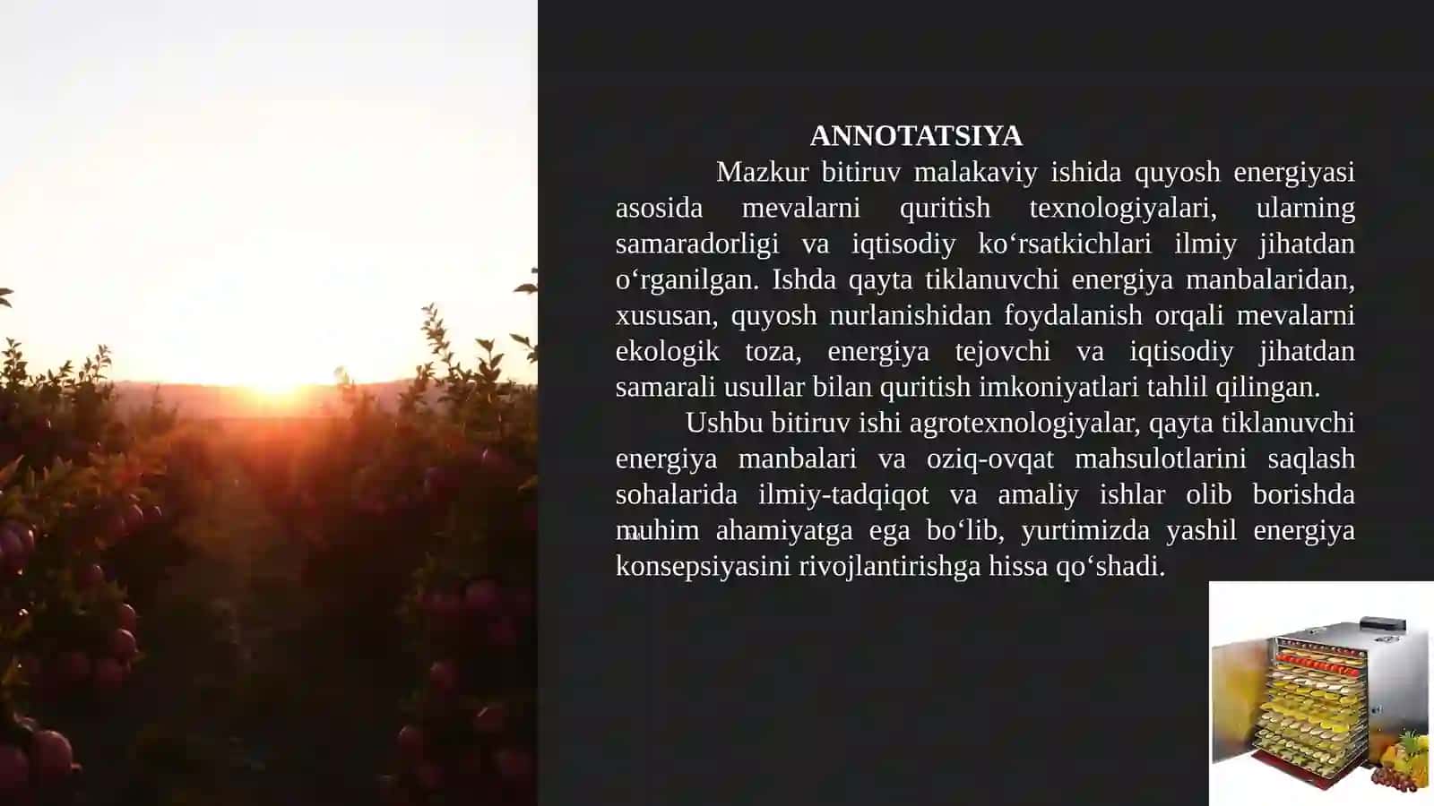 QUYOSH ENERGIYASI ASOSIDA MEVALARNI QURITISH TEXNОLOGIYALARI VA IQTISODIY KO‘RSATKICHLARINI TADQIQ ETISH. 2