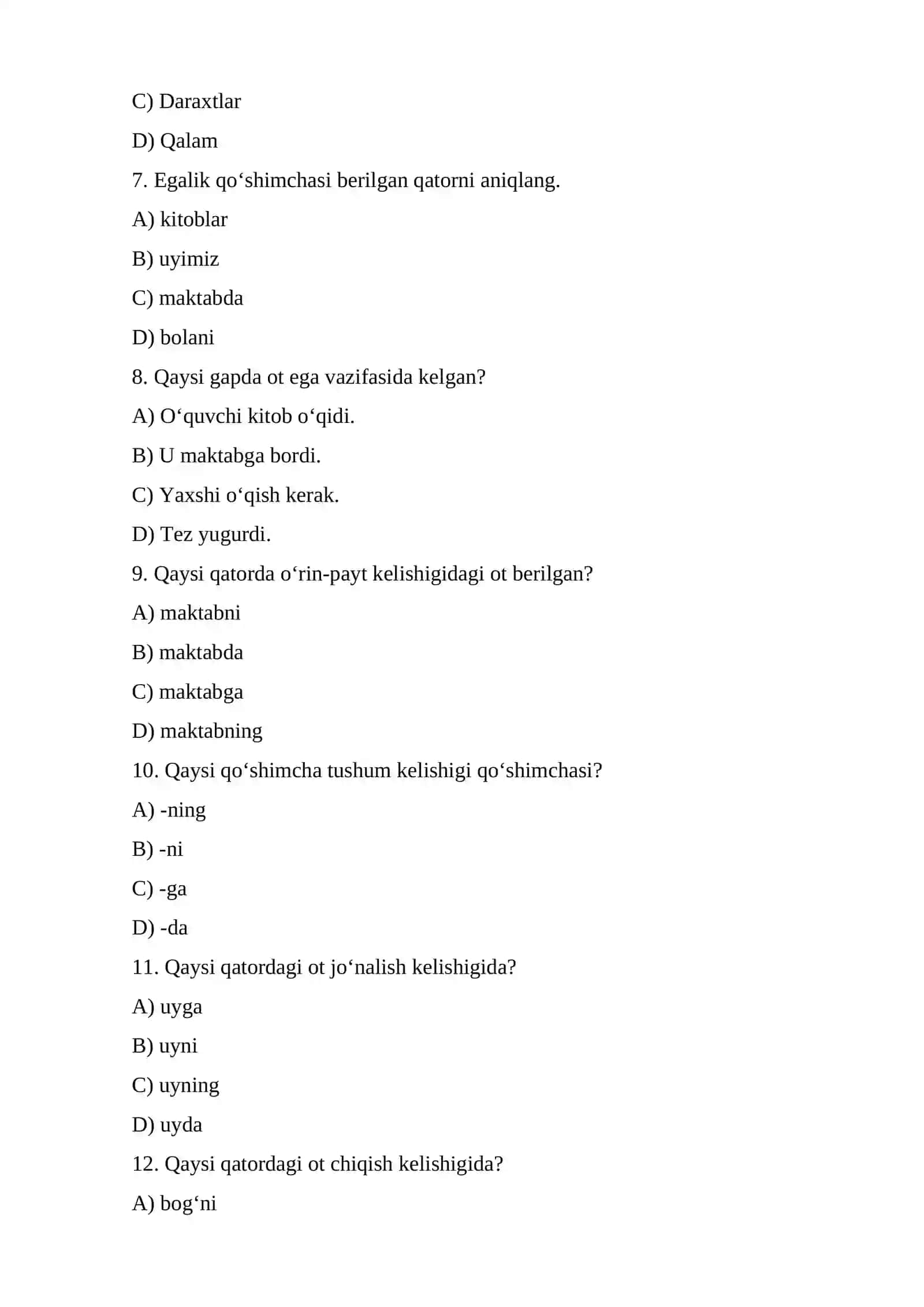 Ot so‘z turkumiga oid testlar 2