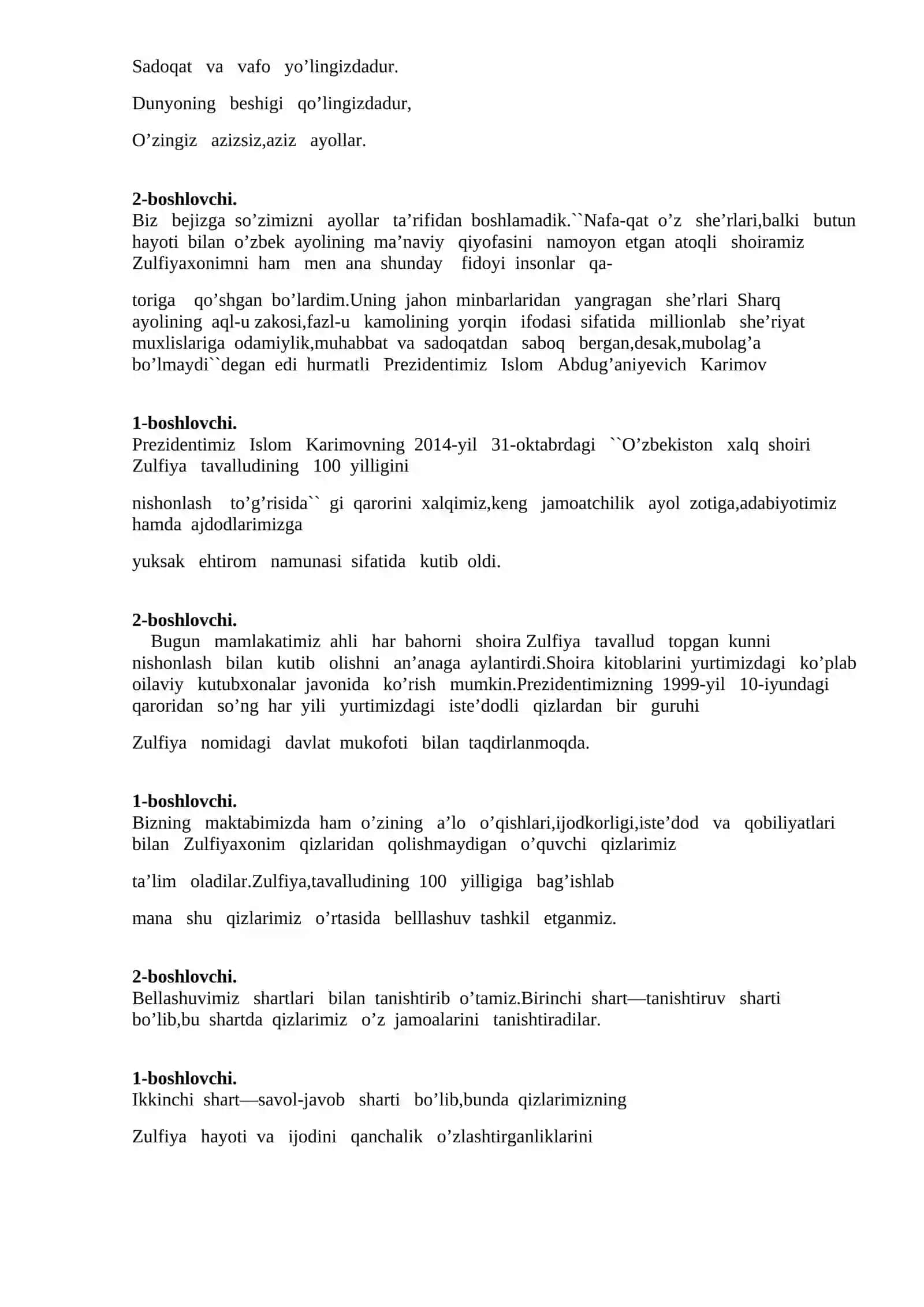 Zulfiyaxonim 100 yilligi uchun tayyorlagan tadbir ssenariysi "Zulfiyaxonim izdoshlari" 2