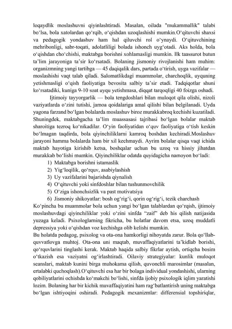 Kichik maktab yoshidagi bolaning maktabga moslashishi muammosi. 2