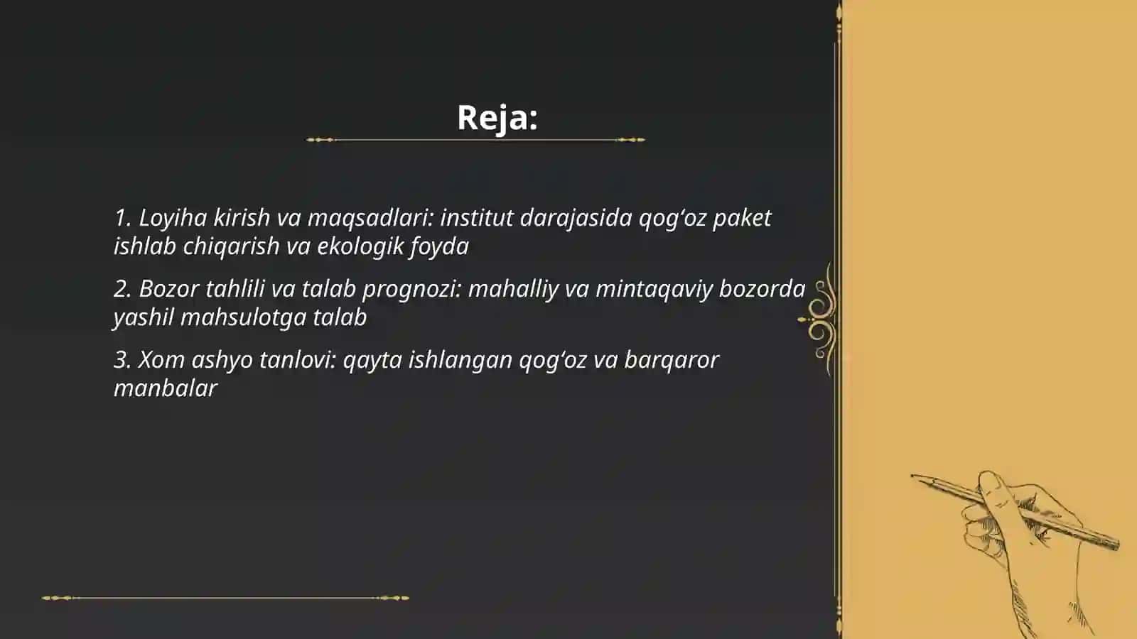 Yashil iqtisodiyot fanidan institut darajasida qogʻoz paket ishlab chiqarish bo'yicha biznes reja va ekologiyaga yaxshi tasir qiladigan foydali tomonini ham yortilishi kerak 2