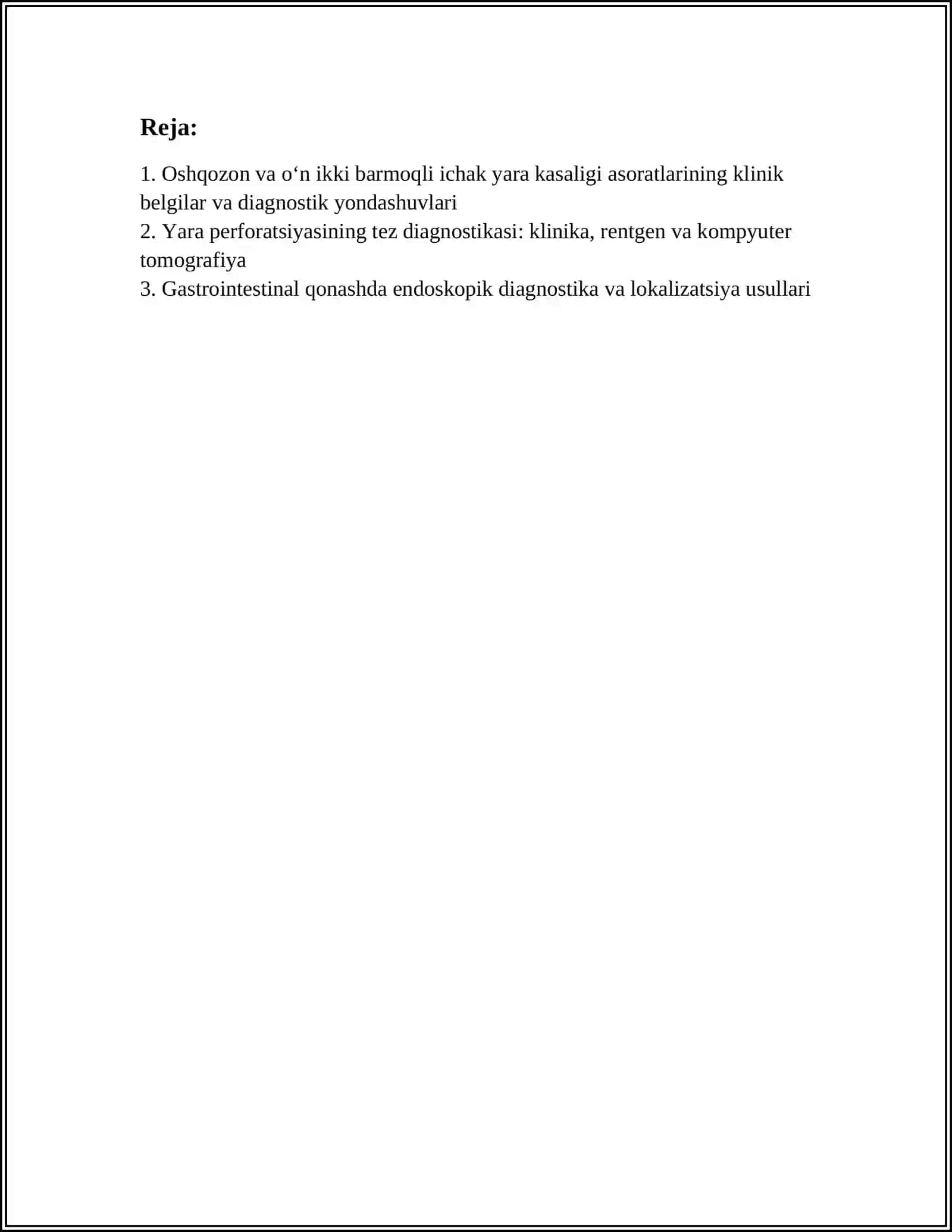 OSHQOZON VA OʻN IKKI BARMOQLI ICHAK YARA KASALIGI ASORATLARI DIAGNOSTIKASI.VILSON KANOVALOVA KASALIGI OʻT YOʻLLARI DISKENZIYASIZ 2