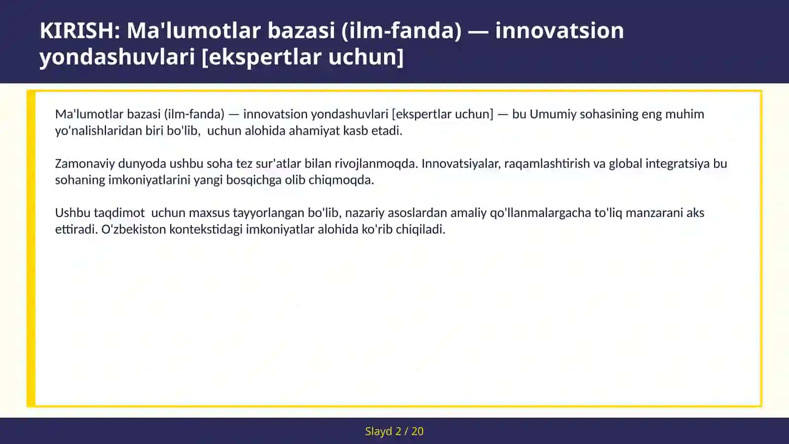 Ma'lumotlar bazasi (ilm-fanda) — innovatsion yondashuvlari [ekspertlar uchun] 2