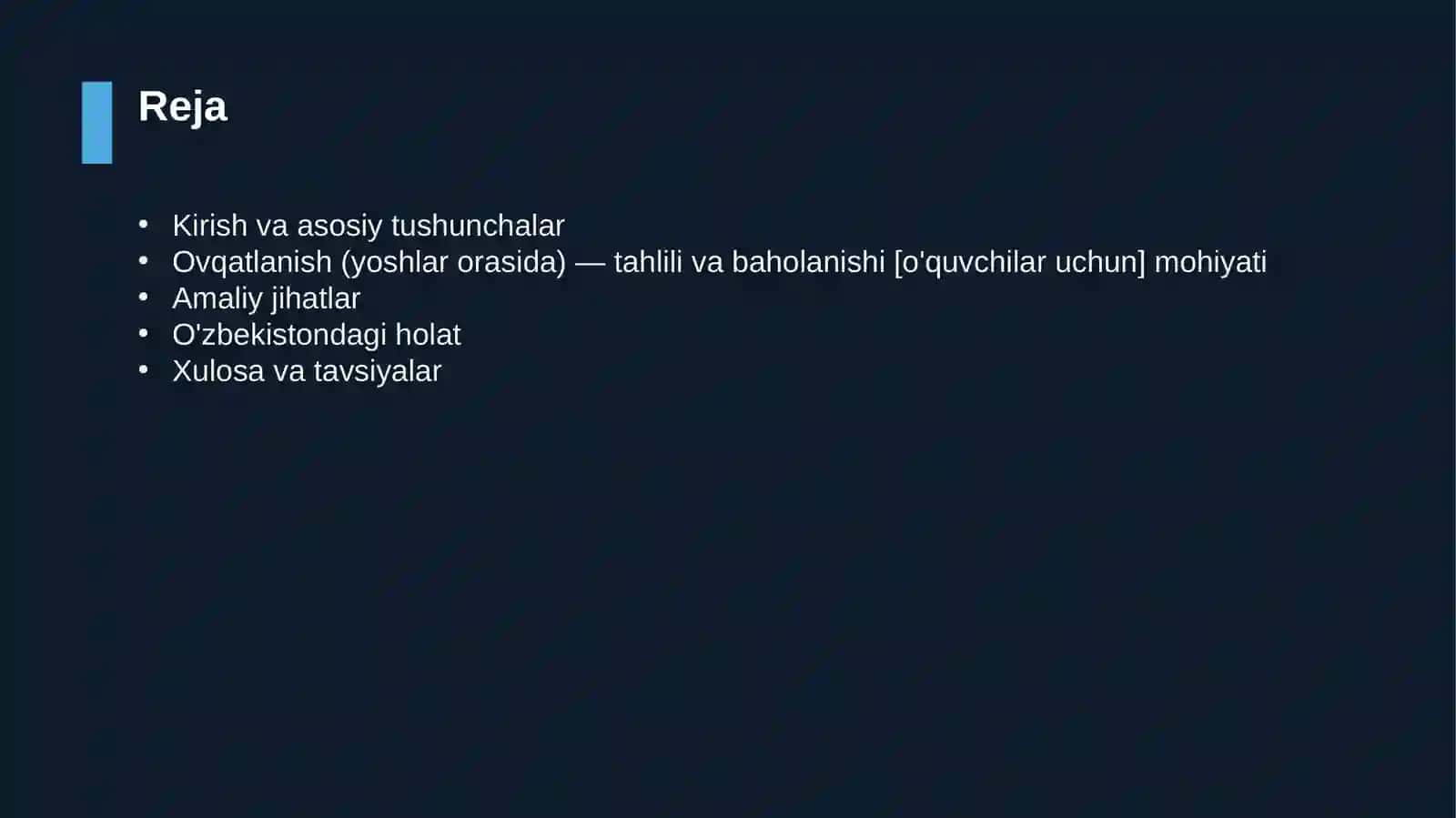 Ovqatlanish (yoshlar orasida) — tahlili va baholanishi [o'quvchilar uchun] 2