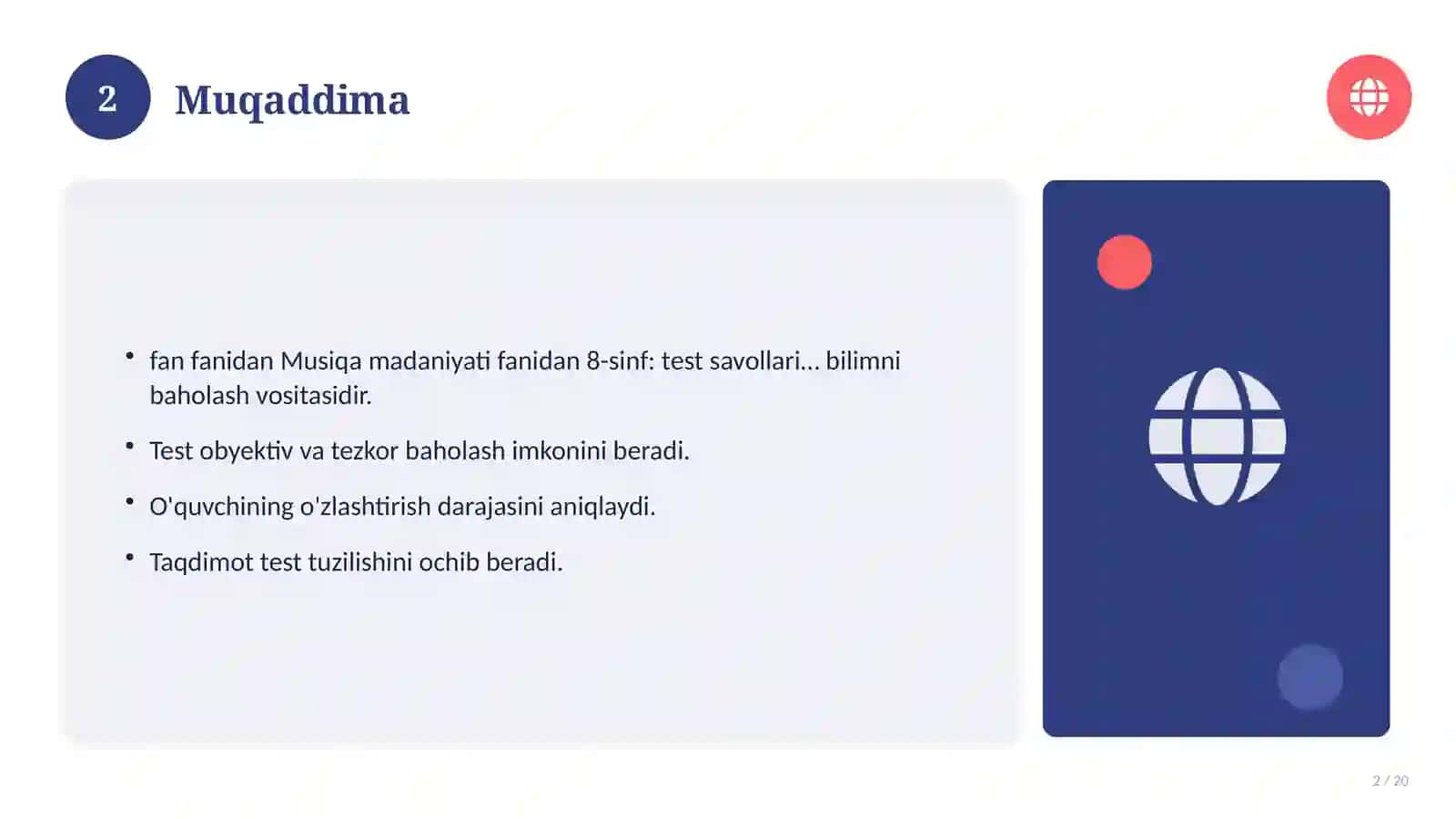 Musiqa madaniyati fanidan 8-sinf: test savollari to'plami 2