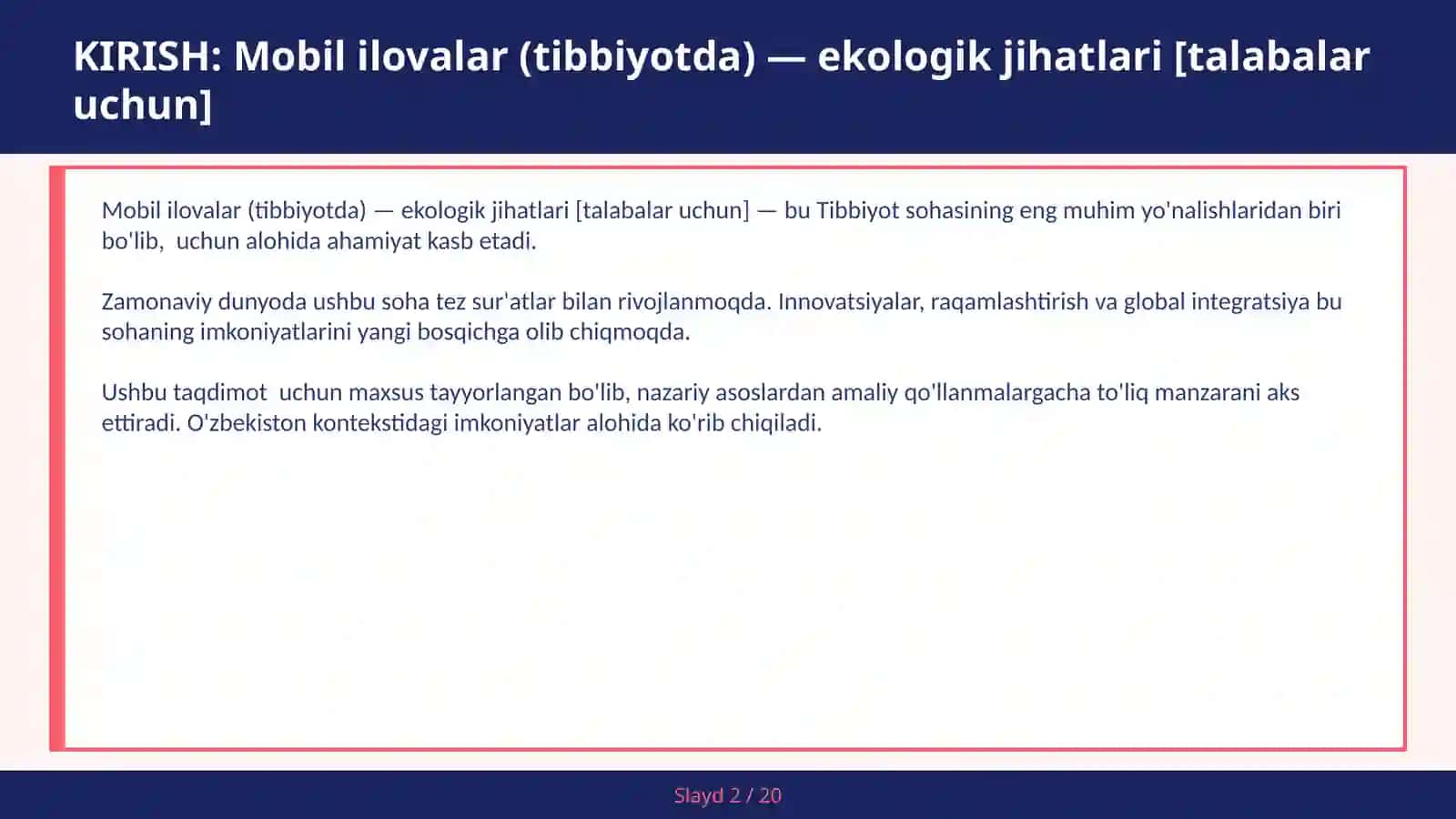 Mobil Ilovalar (Tibbiyotda) — Ekologik Jihatlari [Talabalar uchun] 2