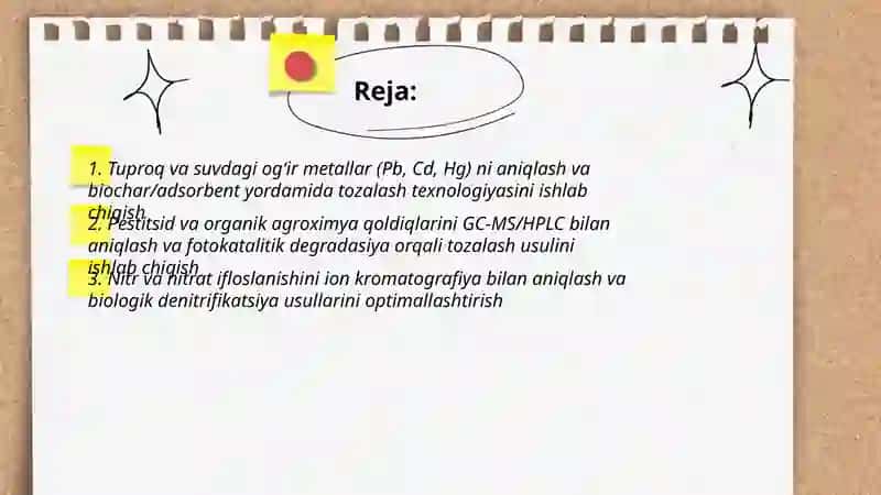 Tuproq va suvning ifloslanishida birikmalarni aniqlab, ulardan tozalash usulini ishlab chiqarish 2
