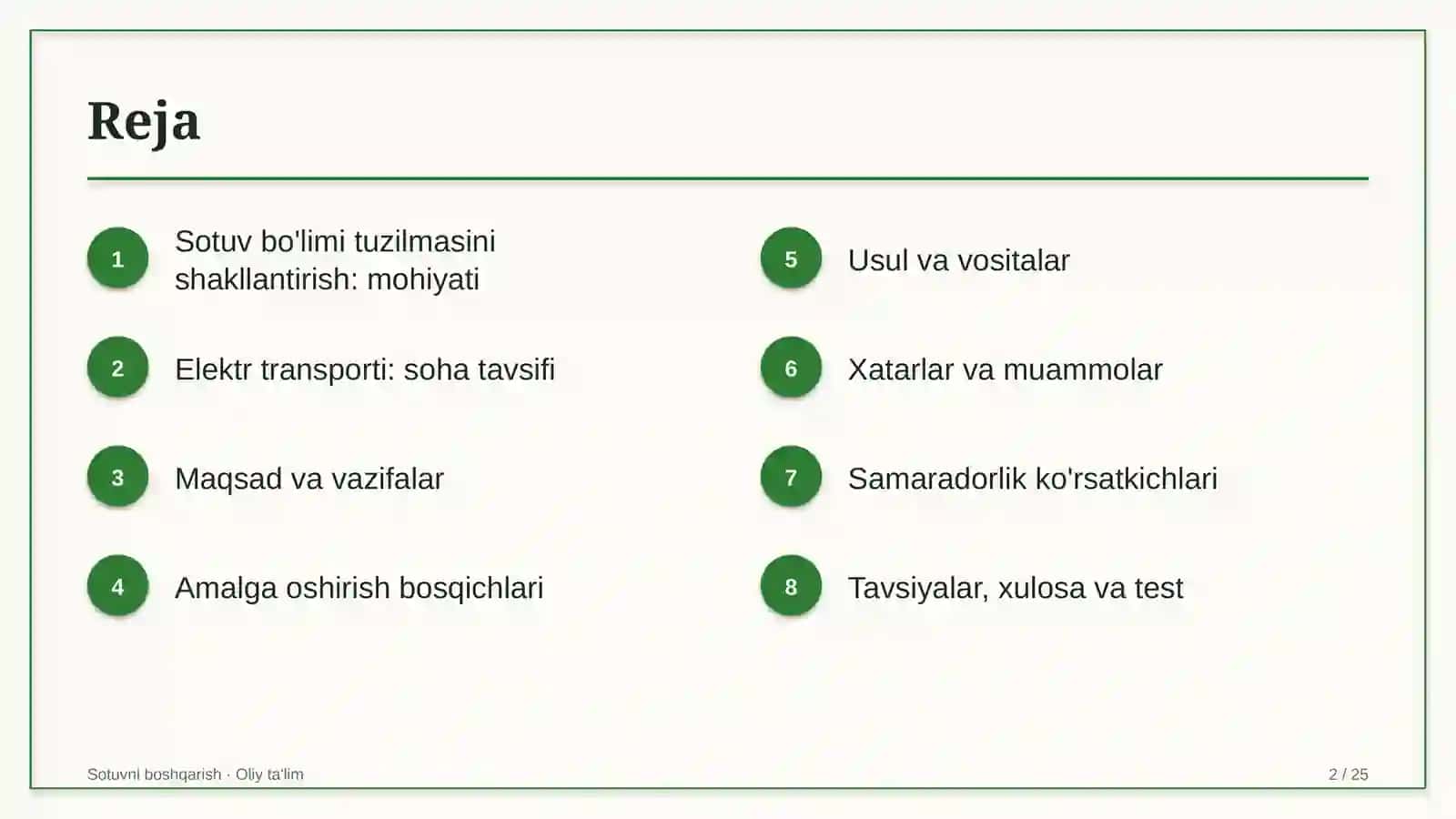 Elektr transportida sotuv bo'limi tuzilmasini shakllantirish 2