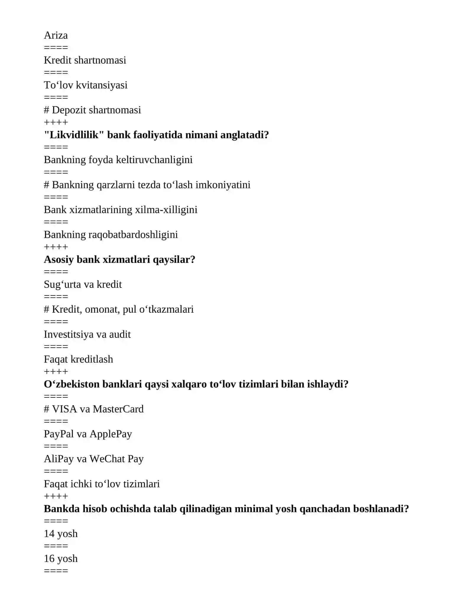 Mavzu: Bank ishi fanidan test savollari 2