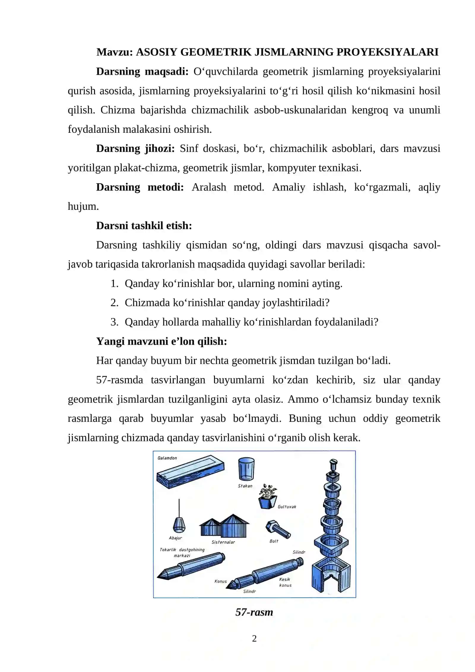 ASOSIY GEOMETRIK JISMLARNING PROYEKSIYALARI. Dars ishlanma 2