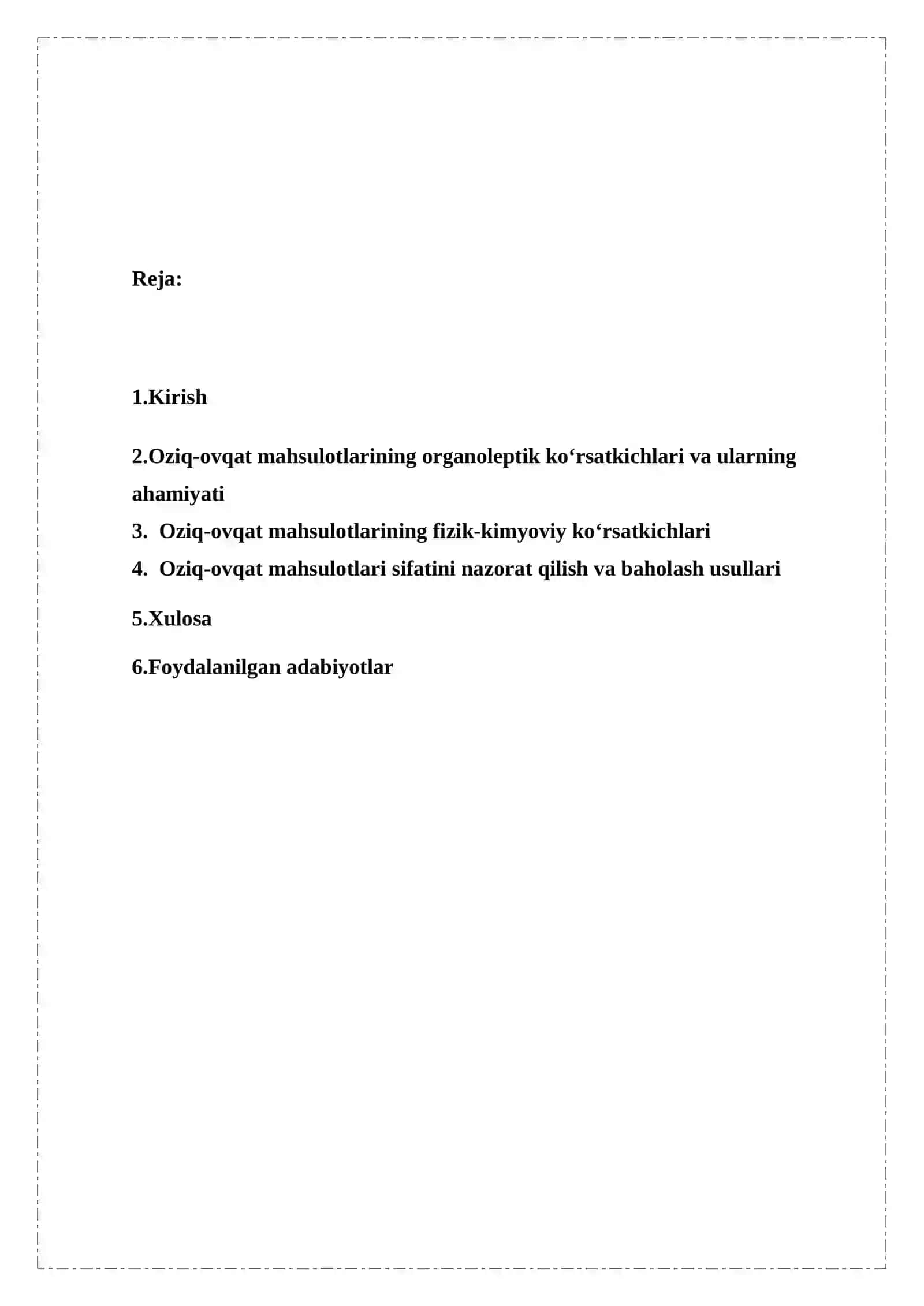 Oziq ovqat mahsulotlari organileptik va fizik kimyoviy ko’rsatkichlari. 2