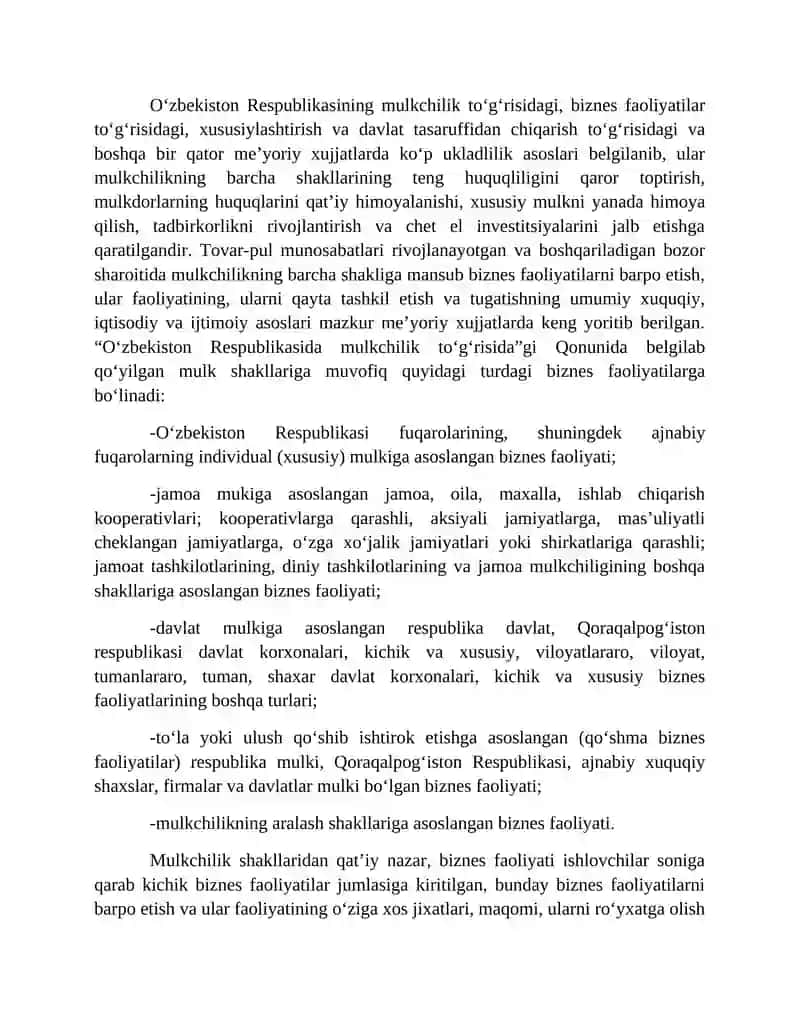 Biznes faoliyatini tashlil etishning o'ziga xos xususiyatlari 2