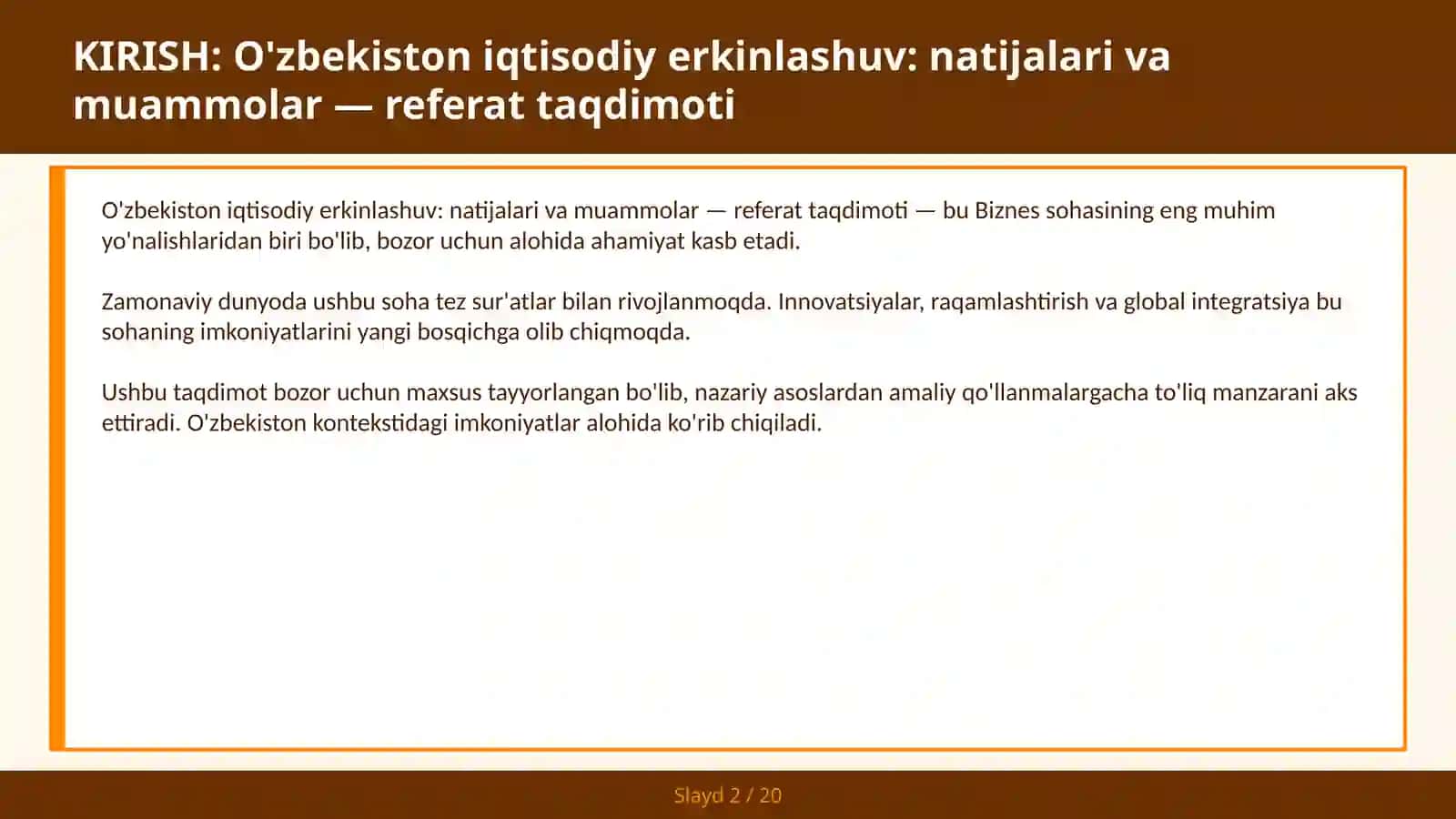 O'zbekiston Iqtisodiy Erkinlashuv: Natijalari va Muammolar — Referat Taqdimoti 2