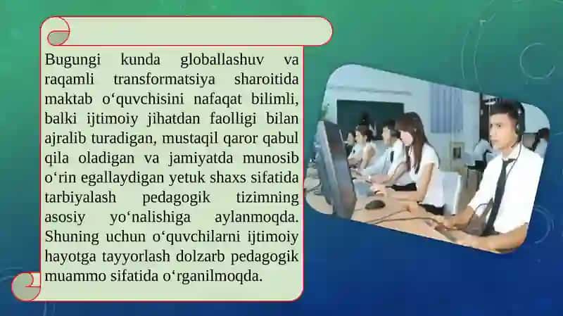 O’quvchilаrni muvоffаqiyatgа erishishdа ijtimоiy lоyihаlаshtirish o’rni. Tа’lim jаrаyonini tаkоmillаshtirishdа virutаl tа’lim tехnоlоgiyalаrining аhаmiyati 2