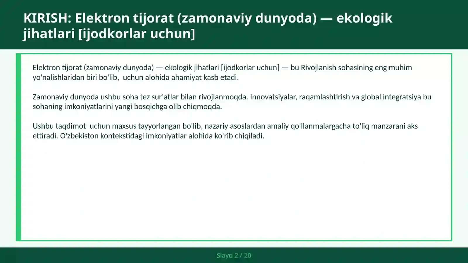 Elektron tijorat (zamonaviy dunyoda) — ekologik jihatlari [ijodkorlar uchun] 2