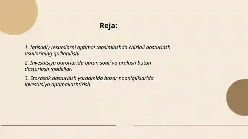 Iqtisodiy masalalarning maqbul yechimini aniqlashda matematik dasturlash oʻyin nazariyasi va nazariy xizmat koʻrsatish usullarining qoʻllanilishi 2
