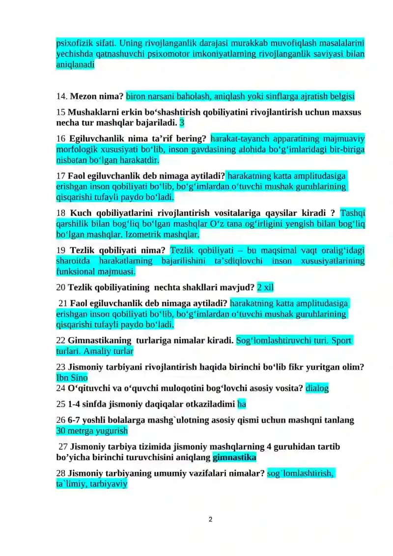Jismoniy tarbiya nazariyasi va metodikasi fanidan 2