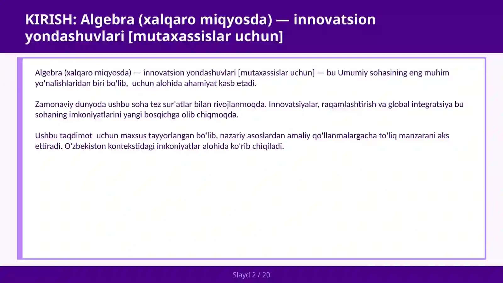 Algebra (xalqaro miqyosda) — innovatsion yondashuvlari [mutaxassislar uchun] 2
