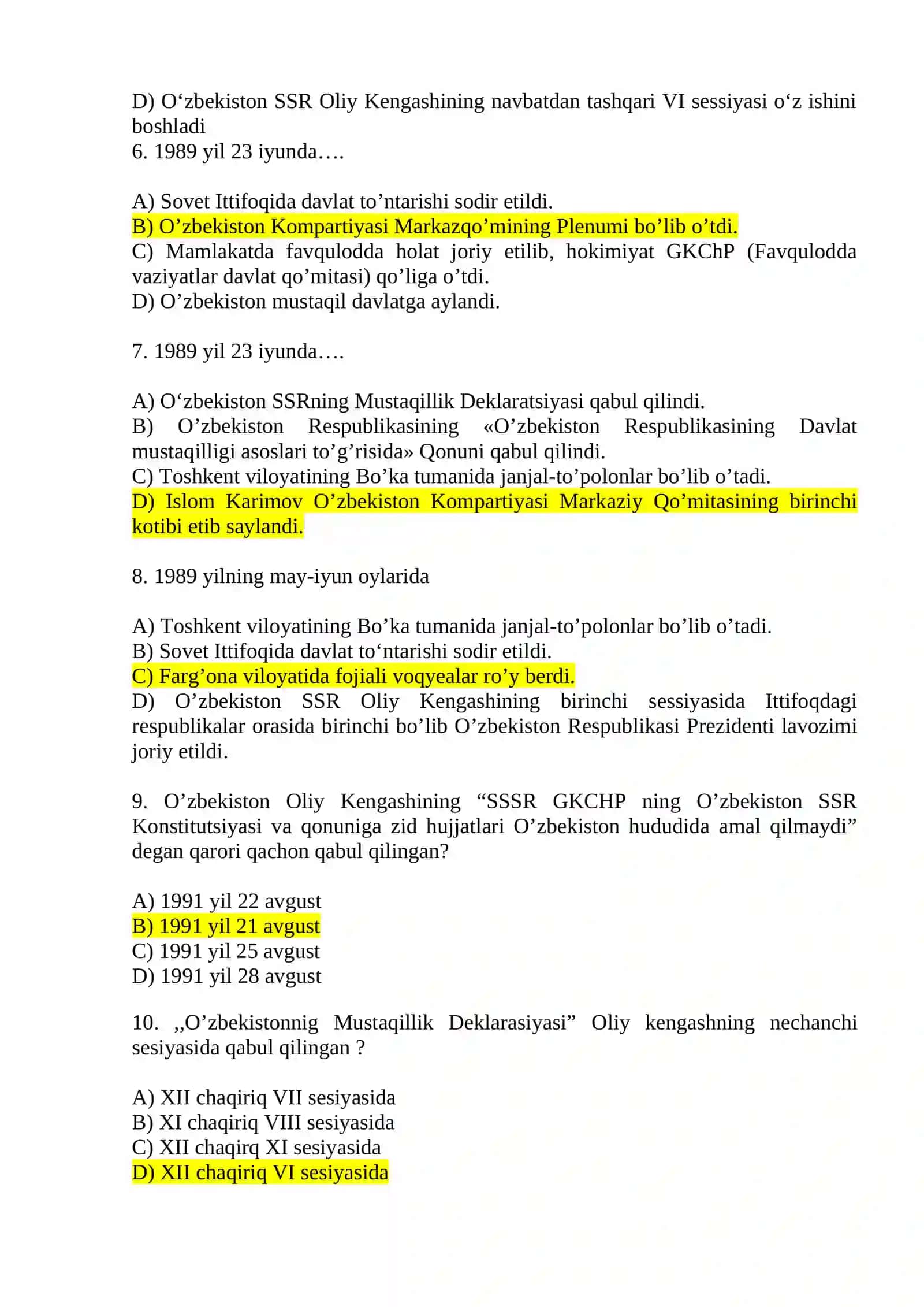 Mustaqillikka erishish arafasida O‘zbekistondagi ijtimoiy-siyosiy jarayonlar Test savollari 2