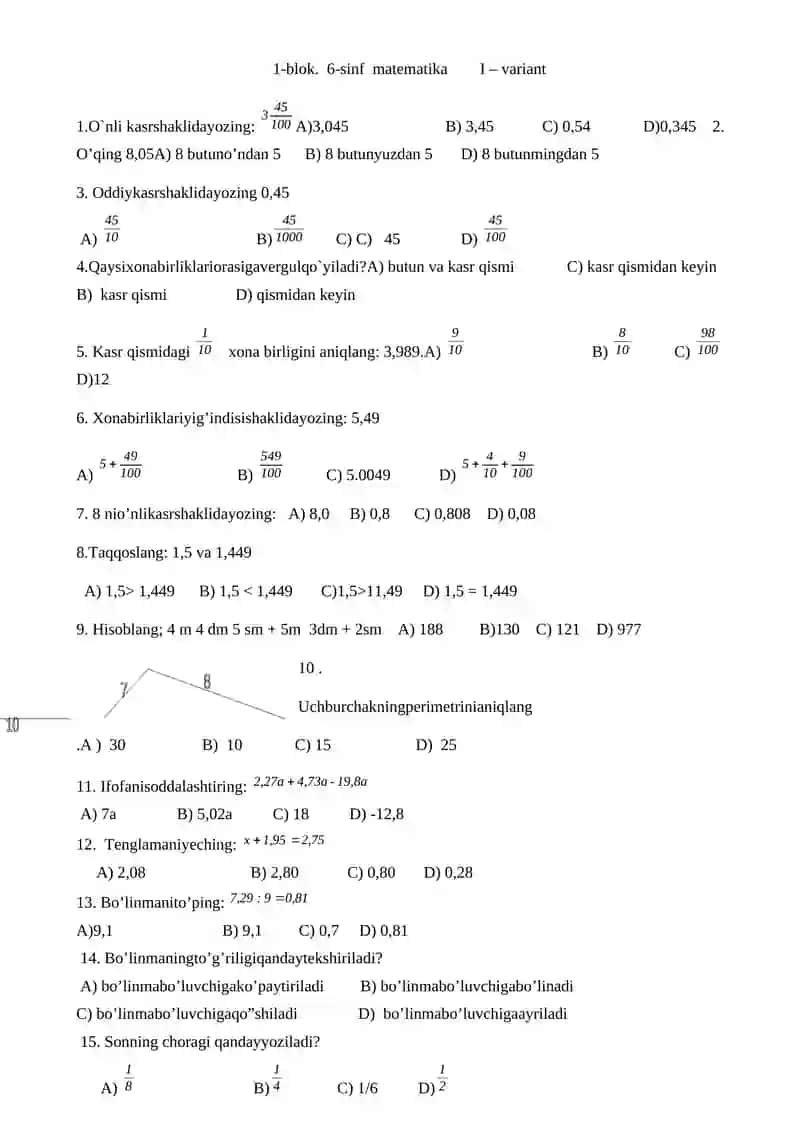 1- blok. 6-sinf uchun ona tili va adabiyot fanidan test 1-Variant 2