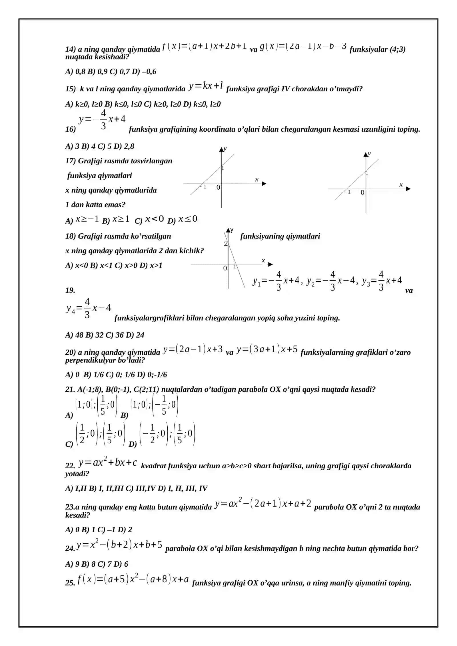9-SINF ALGEBRADAN <latex>y=ax2</latex> funksiya mavzusida test 2