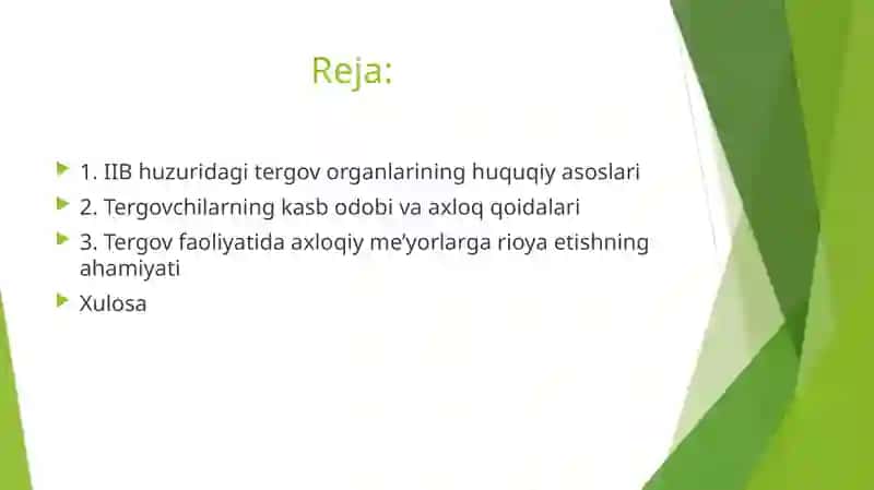 IIB huzuridagi tergov organlari faoliyatining huquqiy asoslari hamtergovchilarning kasbodo bi va axloq qoidalari 2
