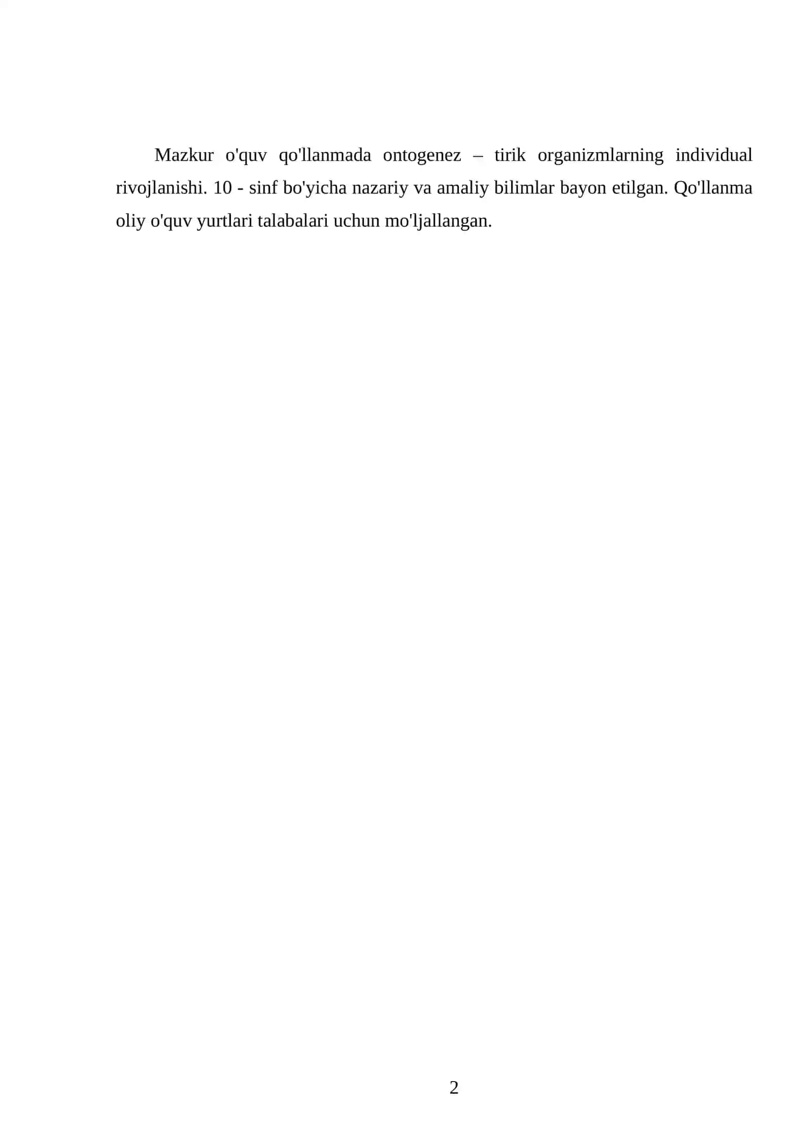 ONTOGENЕZ – TIRIK ORGANIZMLARNING INDIVIDUAL RIVOJLANISHI. 10 - SINF 2