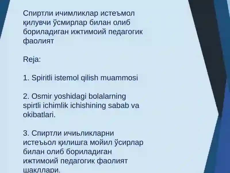Спиртли ичимликлар истеъмол қилувчи ўсмирлар билан олиб бориладиган ижтимоий педагогик фаолият 2