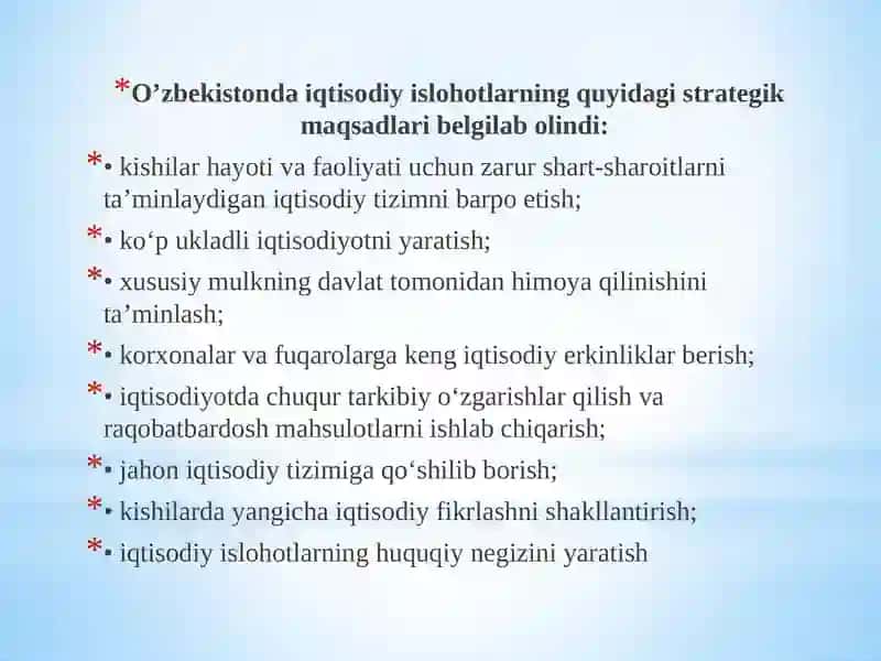 O‘ZBEKISTONDA IQTISODIY ISLOHOTLARNINGAMALGA OSHIRILISHI, BOZOR MUNOSABATLARINING SHAKLLANISHI 2