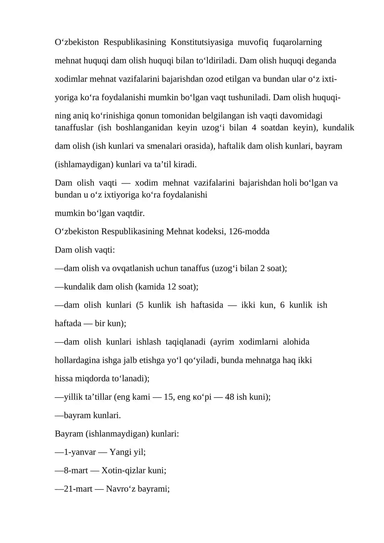 ISH VAQTI VA DAM OLISH VAQTI. MEHNAT SHARTNOMASINI O‘ZGARTIRISH VA BEKOR QILISH 2