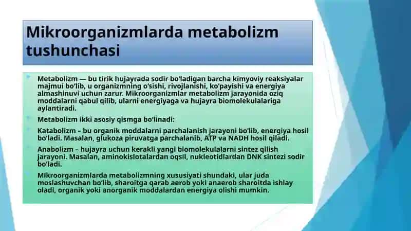 “Mikroorganizmlar tomonidan energiya olish usullari. Hujayra energiyasining shakllari va hosil bo‘lish usullari. Energetik balans (bijg‘ish). Uglevodlarni fermentatsiya qilish yo‘llari. Fermentatsiya turlari. 2