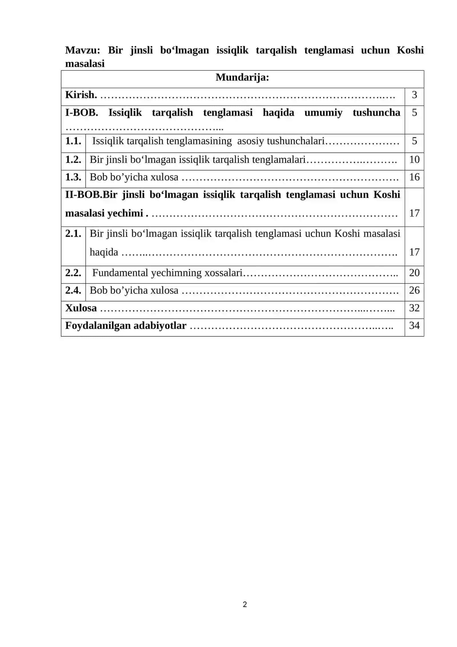 Bir jinsli bo‘lmagan issiqlik tarqalish tenglamasi uchun Koshi masalasi 2