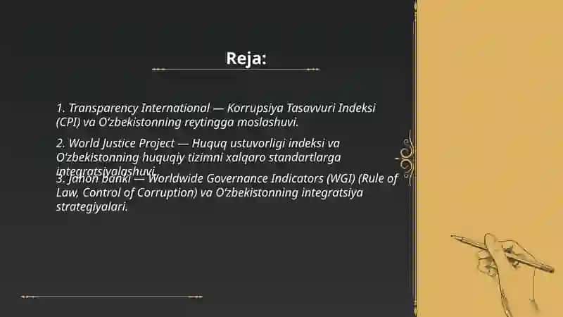 Transparency International va World Justice Projectning Oʻzbekiston reytinglari bilan integratsiyalashuvi 2