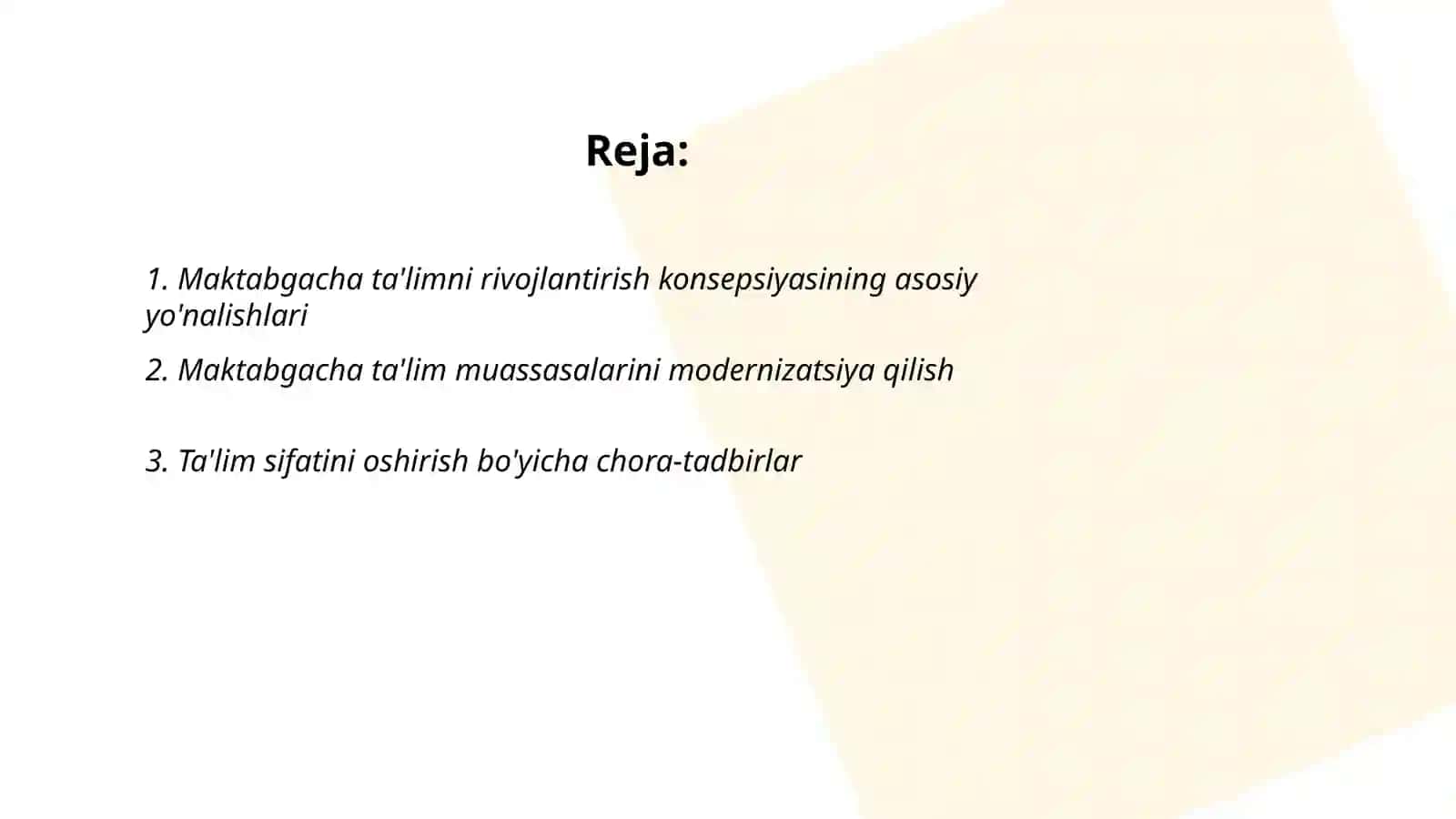 Oʻzbekiston respublikasi maktabgacha taʼlim tizimini 2030-yilgacha rivojlantirish konsepsiyasini tasdiqlash toʻgʻrisida"gi qarori vazifalari. 2019-yil 11-iyundagi 487-sonli "Maktabgacha taʼlim tizimiga ilgʻor axborot va pedagogika texnologiyalarini joriy etish chora-tadbirlari toʻgʻrisida"gi Qaror mohiyati 2