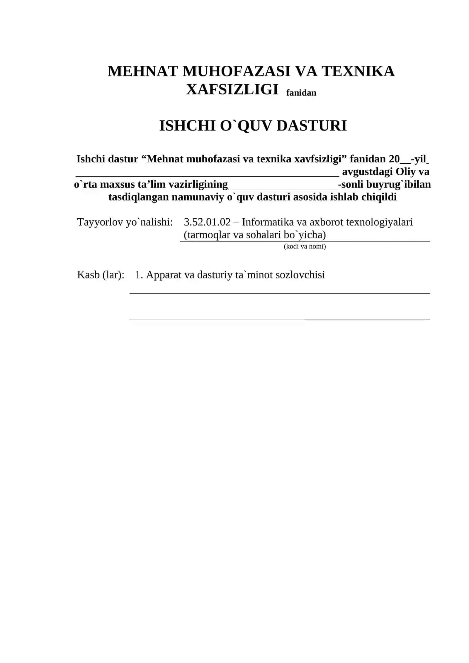 MEHNAT MUHOFAZASI VA TEXNIKA XAFSIZLIGI fanidan o'qitish materiallari 2