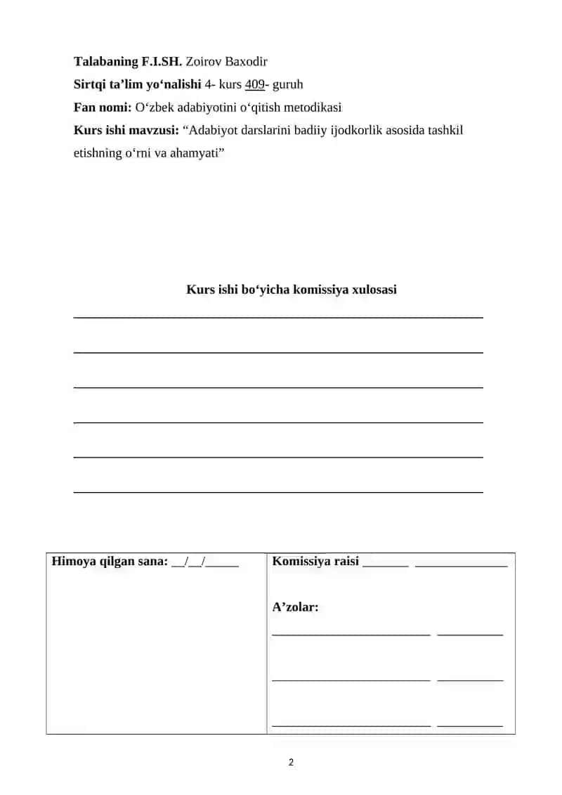 Adabiyot darslarini badiiy ijodkorlik asosida tashkil etishning o‘rni va ahamyati. 2