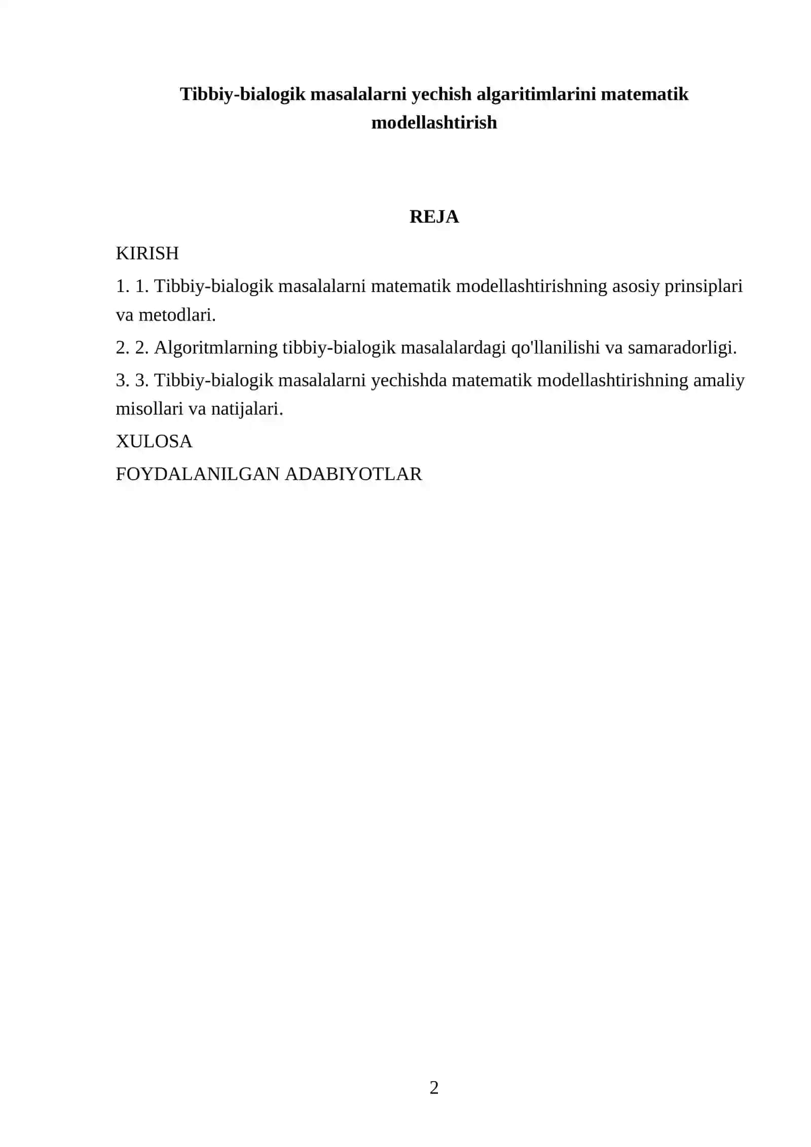 Tibbiy-bialogik masalalarni yechish algaritimlarini matematik modellashtirish 2