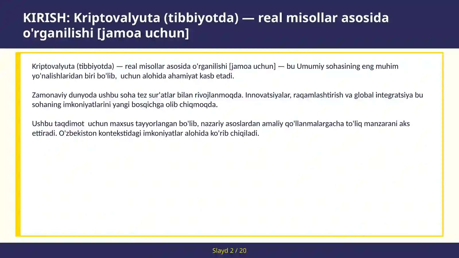 Kriptovalyuta (Tibbiyotda) - Real Misollar Asosida O'rganilishi [Jamoa Uchun] 2