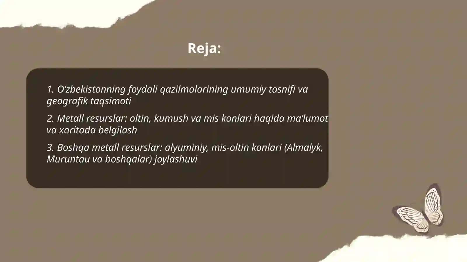 Oʻzbekistonning foydali qazilmalari haqida malumotlar tayyorlash va xaritada belgilash 2