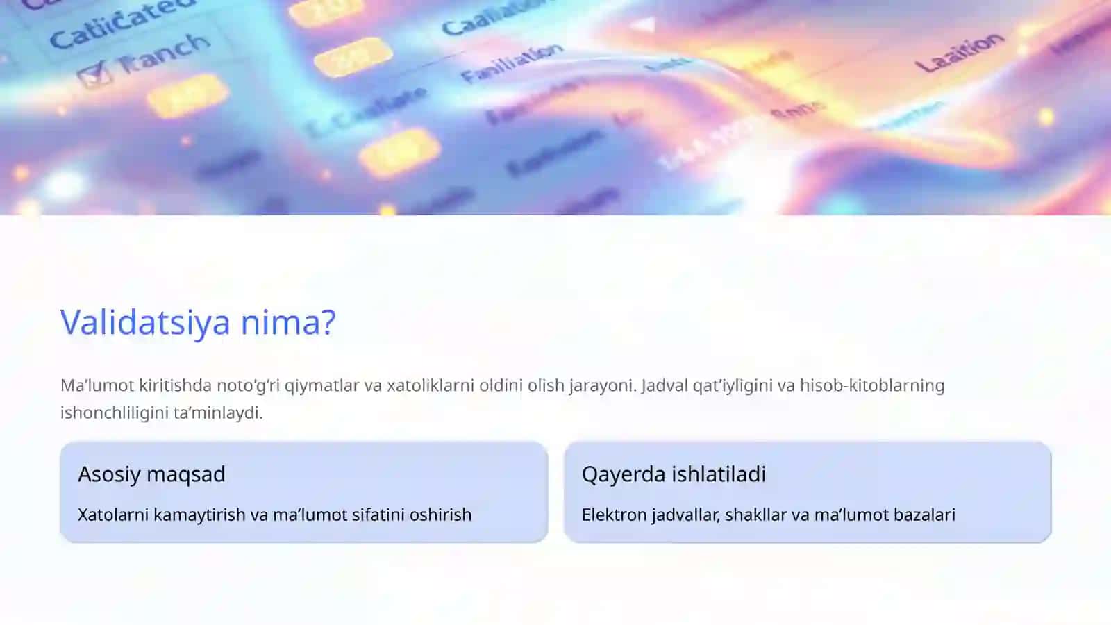 Elektron jadvallarda validatsiya orqali xatolarni kamaytirish va ma’lumot aniqligini saqlash 2