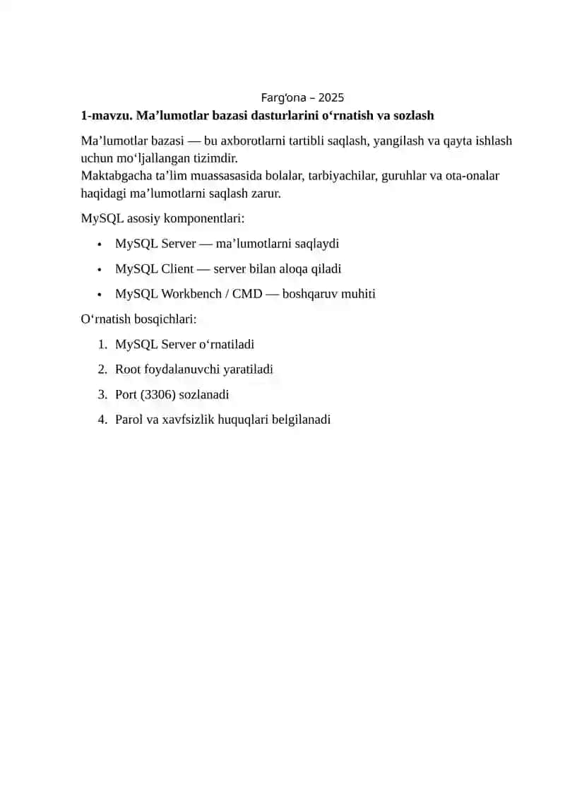 Ma’lumotlar bazasi fanidan tayyorlagan Hisobot 2