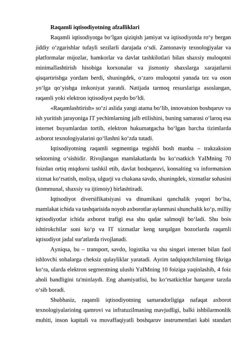 Raqamli iqtisodiyotning afzalliklari 2