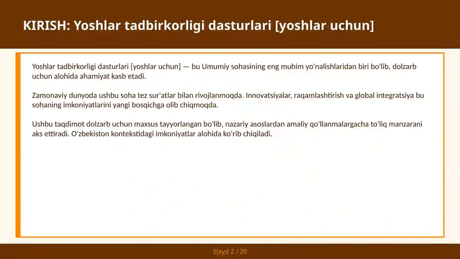 Yoshlar tadbirkorligi dasturlari [yoshlar uchun] 2