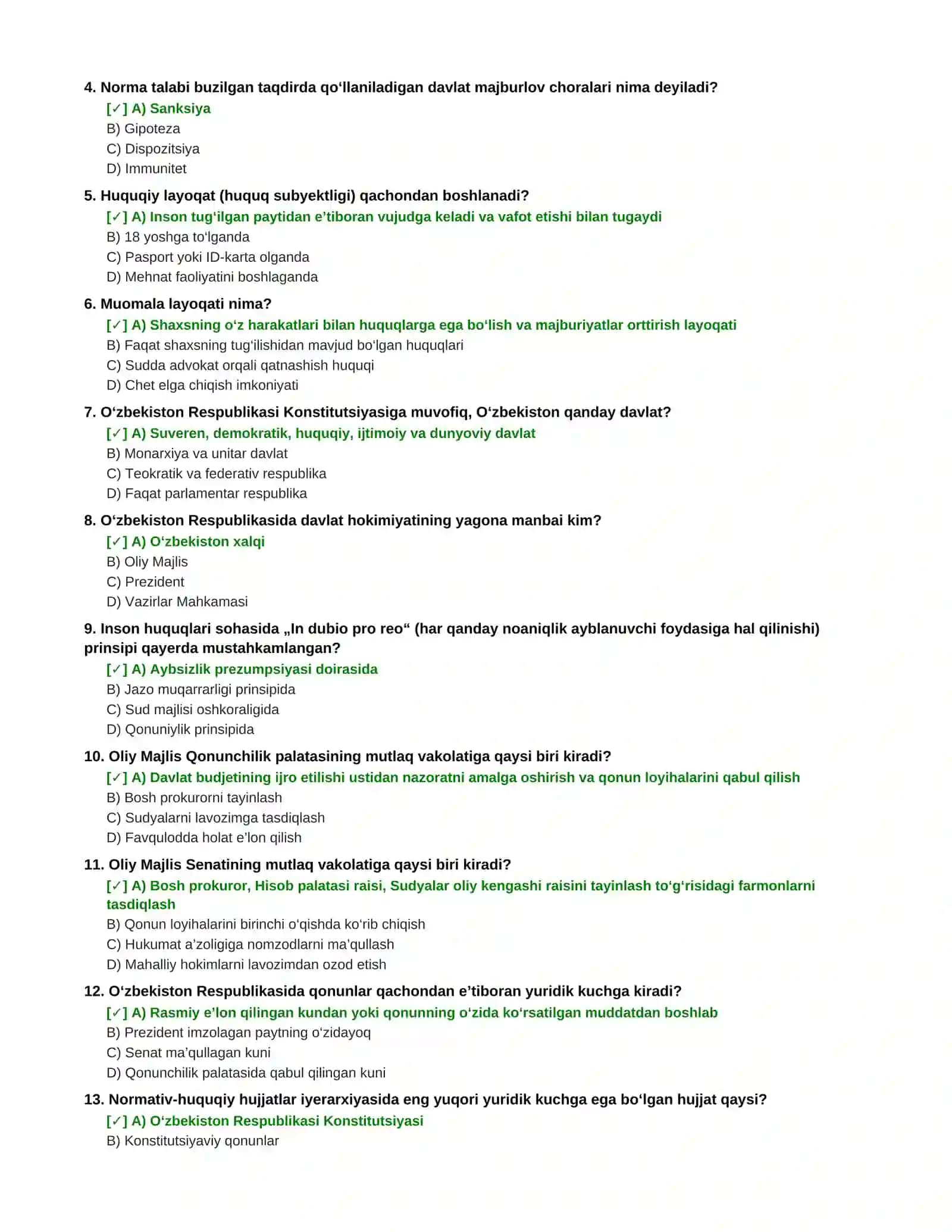 YURISPRUDENSIYA YO‘NALISHI BO‘YICHA NOSTRIFIKATSIYA IMTIHONI SAVOLLAR TO‘PLAMI 2