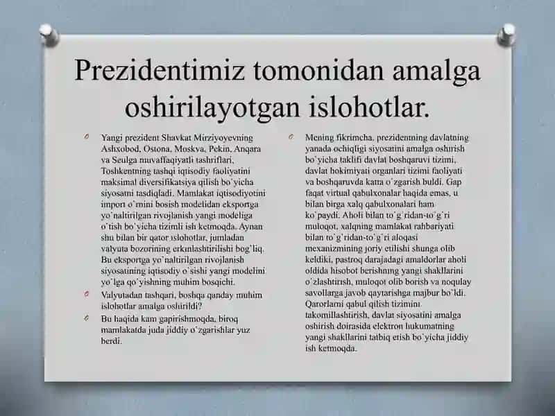 O`ZBEKISTONDA AMALGA OSHIRALOYGAN ISLOHOTLARNING YANGI BOSQICHLARI 2