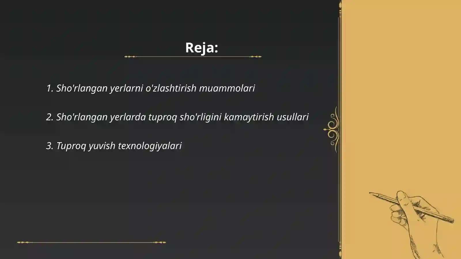 Sho’rlangan yerlardan asosiy sho’ri yuvib bo’ingandan keyin ekiladigan dastlabki o’zlashtirish ekinlarni etishtirish texnologiyasi 2