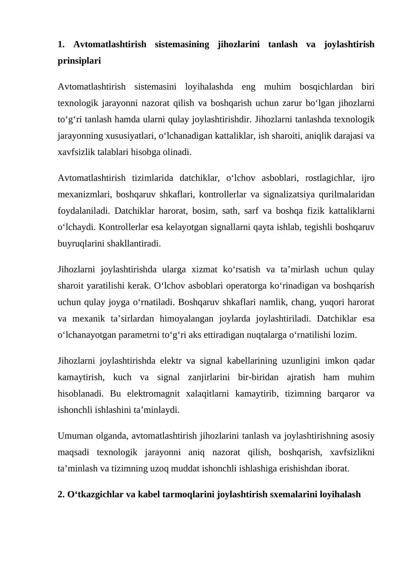 mustaqil ish Avtomatlashtirish sistemalarini jihoz va o‘tkazgichlarning joylashish sxemalarini loyih 2